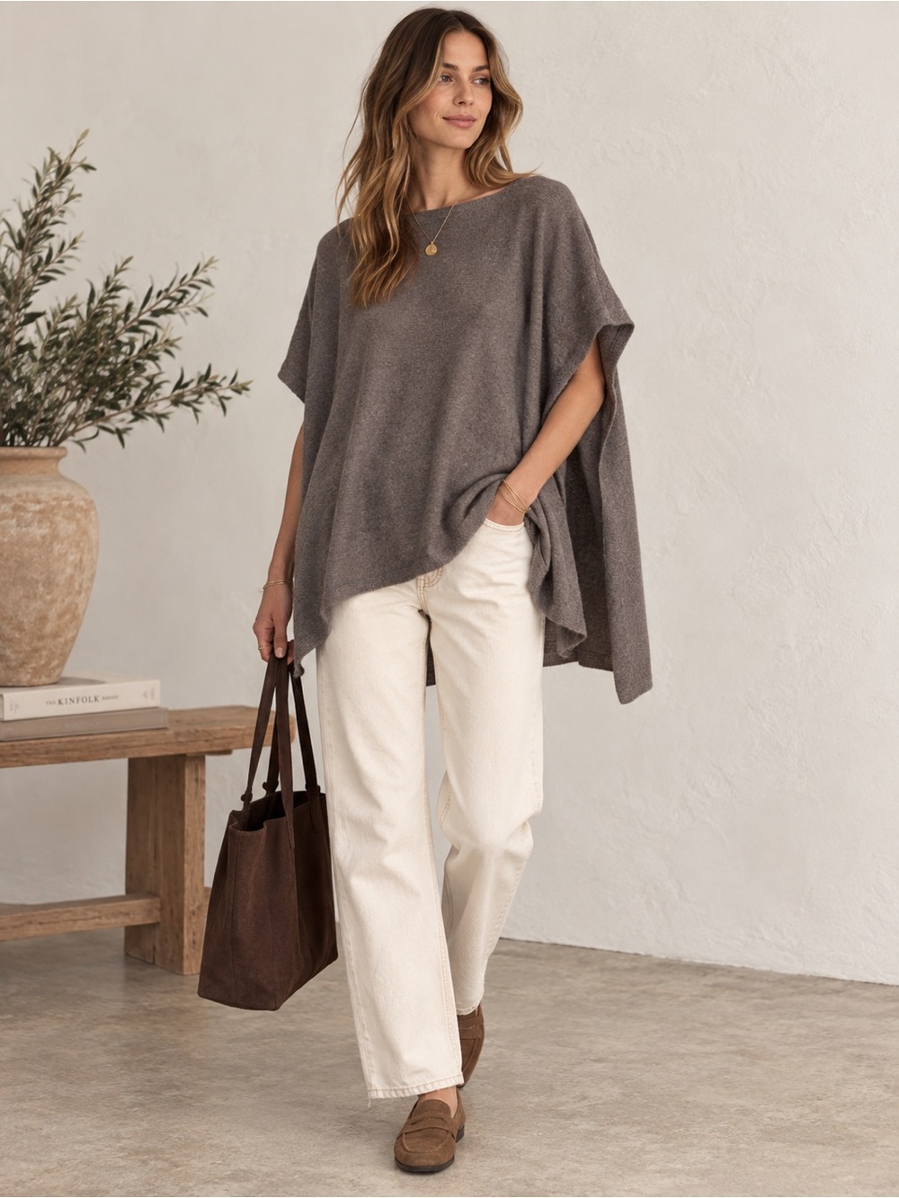 100% Cashmere Taupe Brown Cozy Knit Poncho One Size Cozy Business Casual Fall
